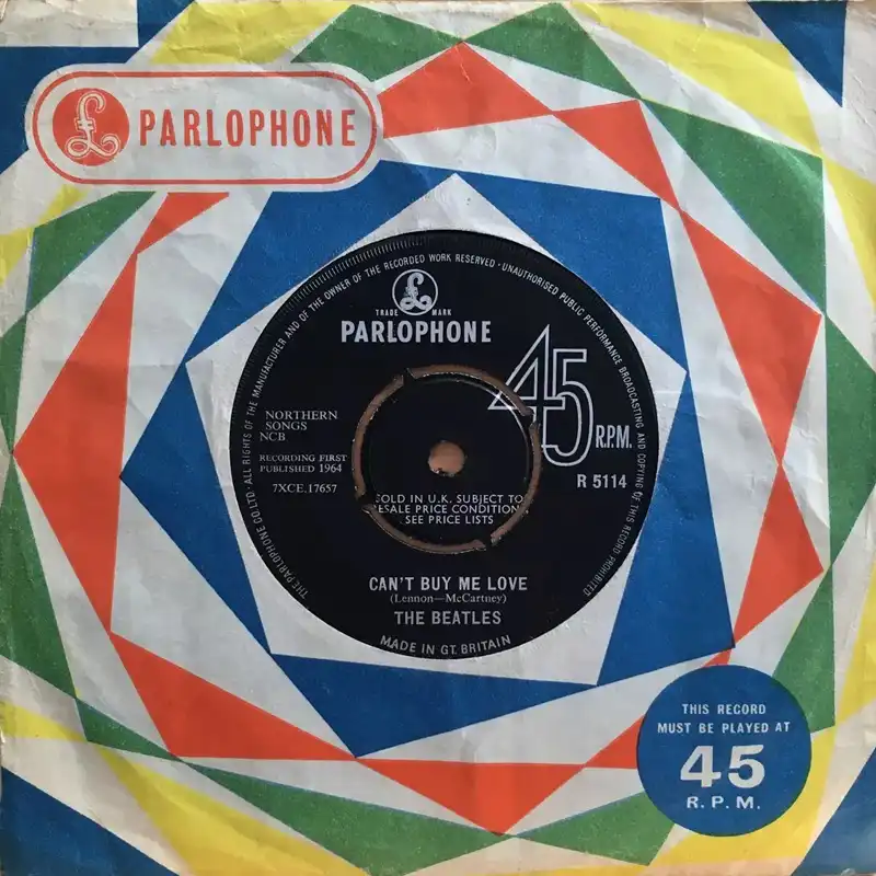 UK Parlophone label for The Beatles single Can't Buy Me Love (R 5114, 45 rpm), matrix 7XCE 17657.