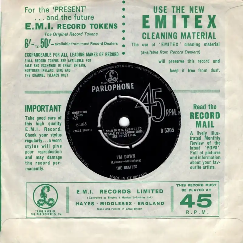 Parlophone 45rpm label for The Beatles' "I'm Down" (R 5305), 1965