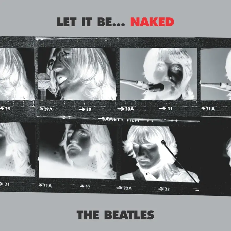 Low-resolution album cover for Let It Be… Naked (2003) by The Beatles, featuring monochrome negative portraits of Lennon, McCartney and Starr, with a different image for Harrison.