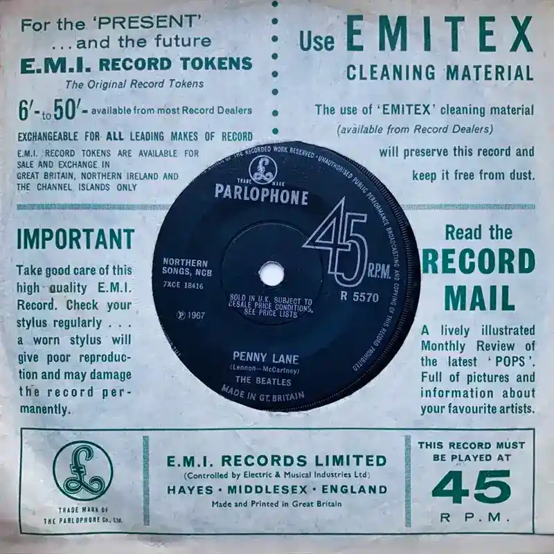 The Beatles "Penny Lane" 1967 UK Parlophone single shown on an EMI record sleeve with the label visible
