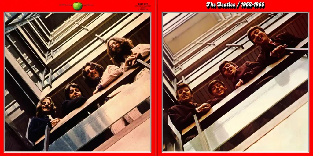 Front and back of The Beatles 1962–1966 (Red Album) UK sleeve, PCSP 717