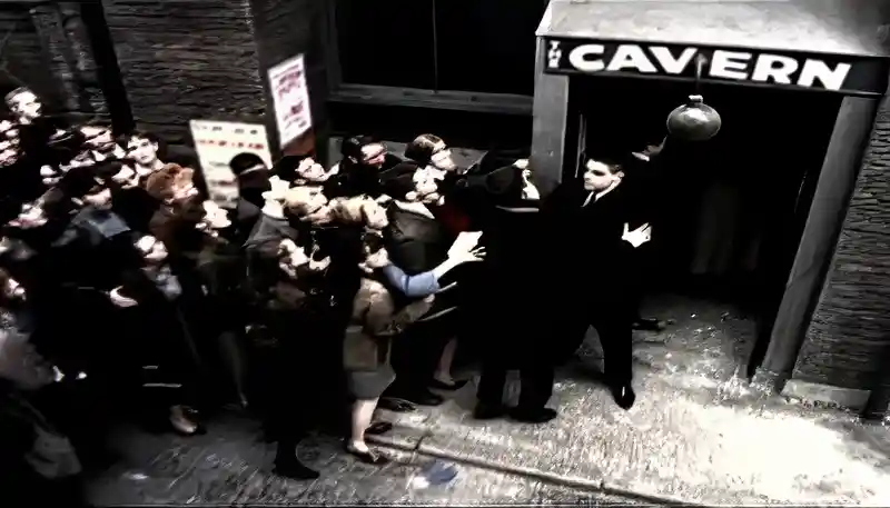 Cavern Club entrance with queue and bouncer in the Free As A Bird video
