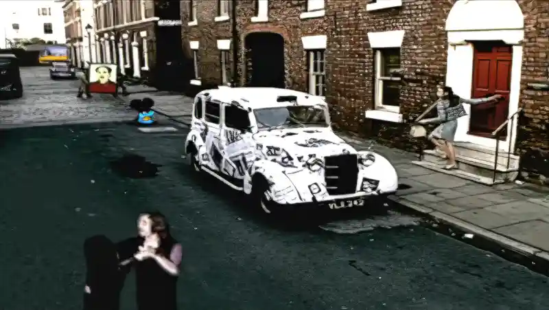 Newspaper-covered taxi on a street scene, with a blue character and dancers in the background
