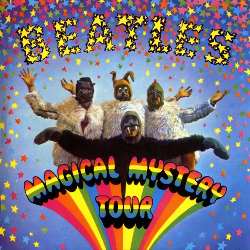 Magical Mystery Tour UK double EP cover showing the Beatles in animal costumes against a blue sky