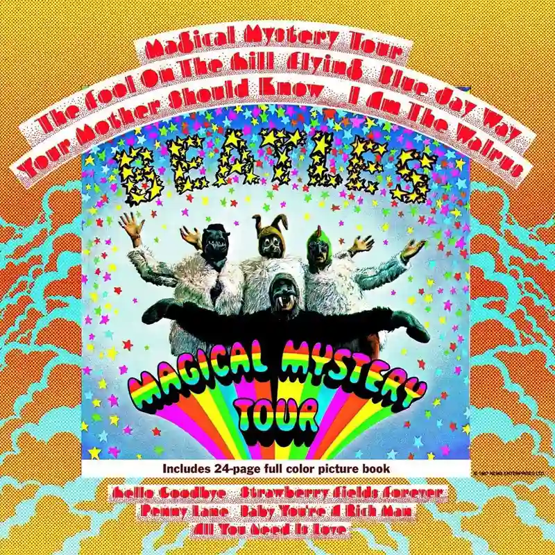 Magical Mystery Tour US LP cover showing the Beatles in animal costumes with a yellow border and printed track titles