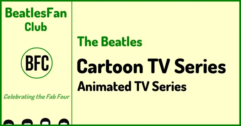 Cream banner for The Beatles Cartoon TV Series with black text and stylised cartoon outlines of the Beatles.