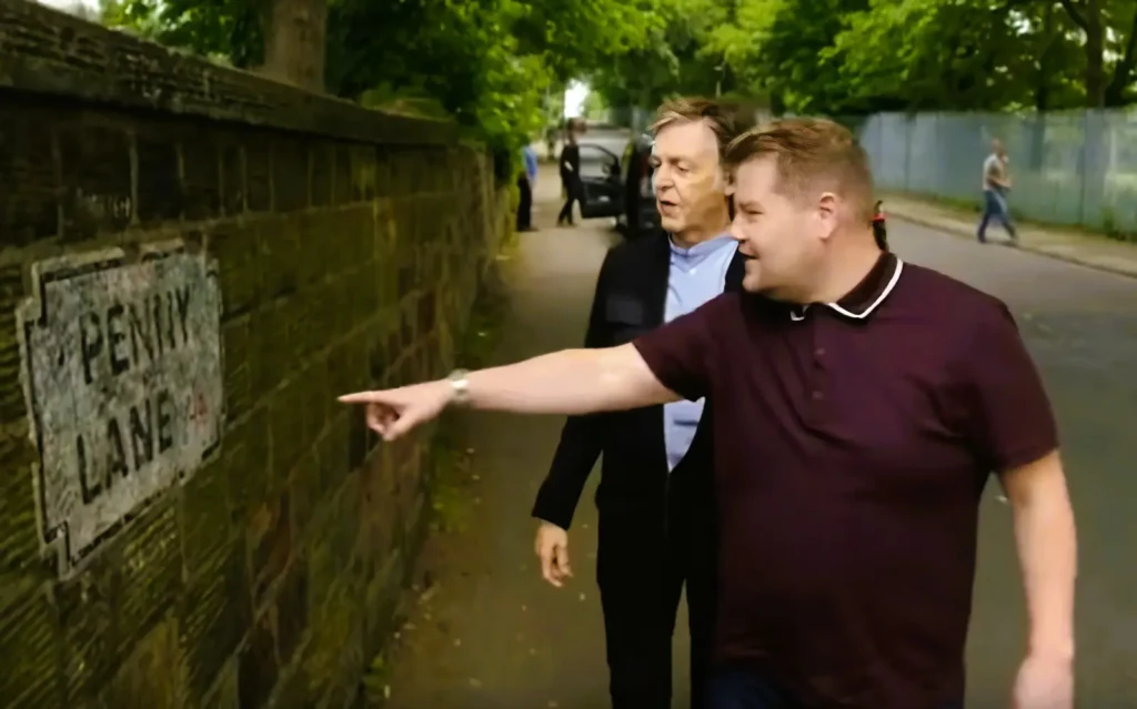 Paul McCartney and James Corden in Penny Lane, Liverpool