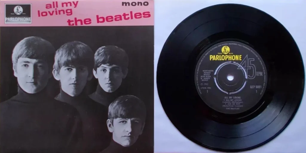 The Beatles All My Loving EP UK sleeve beside Parlophone mono record