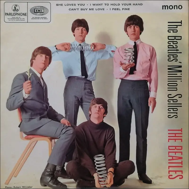 Front cover of The Beatles' Million Sellers EP showing the Beatles posed in a white studio set with metal springs