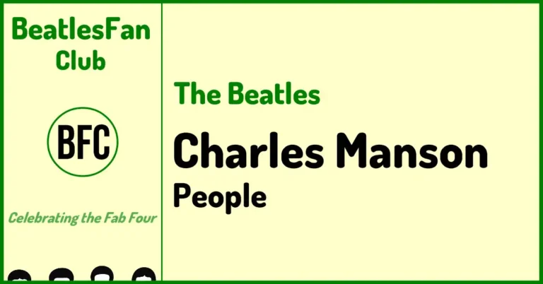 Beatles Fan Club Charles Manson banner with cream background, green border, and green site branding
