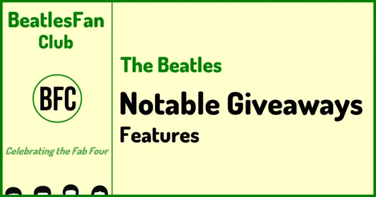 Beatles Fan Club notable Beatles giveaways banner with cream background, green border, and green site branding