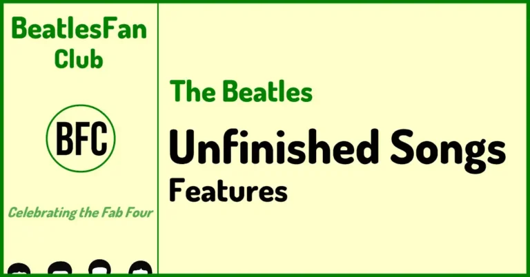 Beatles Fan Club unfinished Beatles songs banner with cream background, green border, and green site branding
