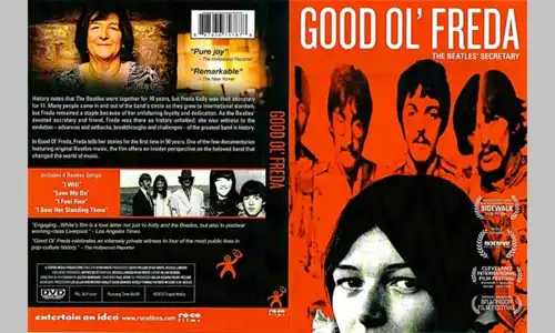 Good Ol' Freda (2013) documentary cover showing Freda Kelly with archival Fab Four imagery.