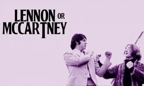Lennon or McCartney (2014) film poster showing John Lennon and Paul McCartney posed like boxers, symbolising their creative rivalry and friendship.