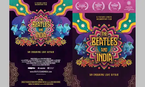 The Beatles and India (2021) DVD cover front and back featuring vibrant imagery of the band’s visit to Rishikesh and Indian cultural motifs.