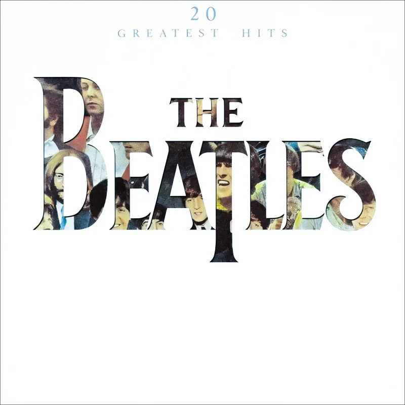 The Beatles 20 Greatest Hits 1982 album cover with white background and large Beatles lettering containing photo fragments