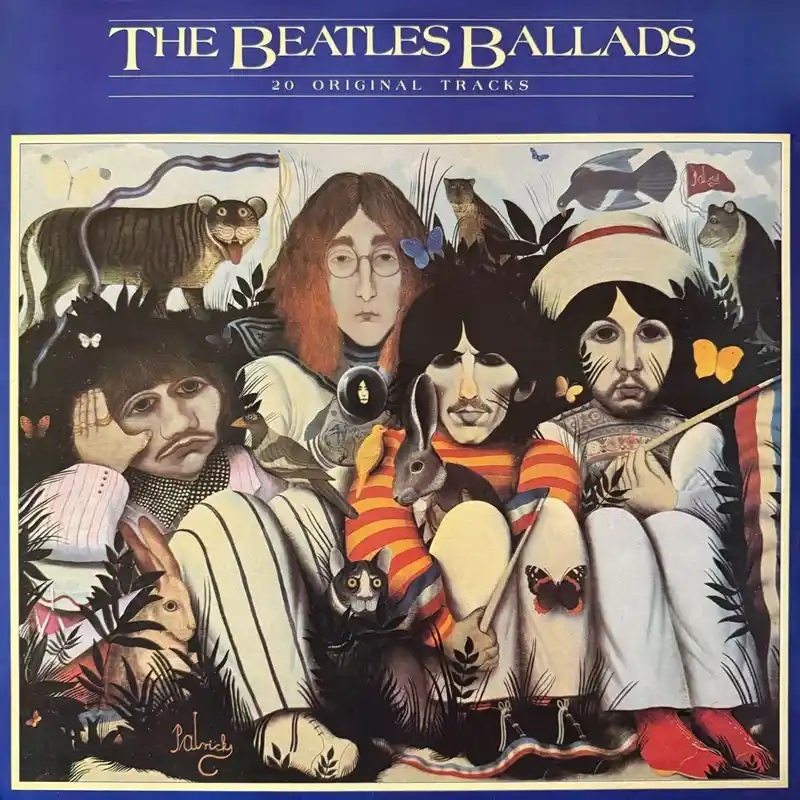 The Beatles Ballads 1980 album cover with illustrated Beatles portraits, animals, butterflies, and blue title banner