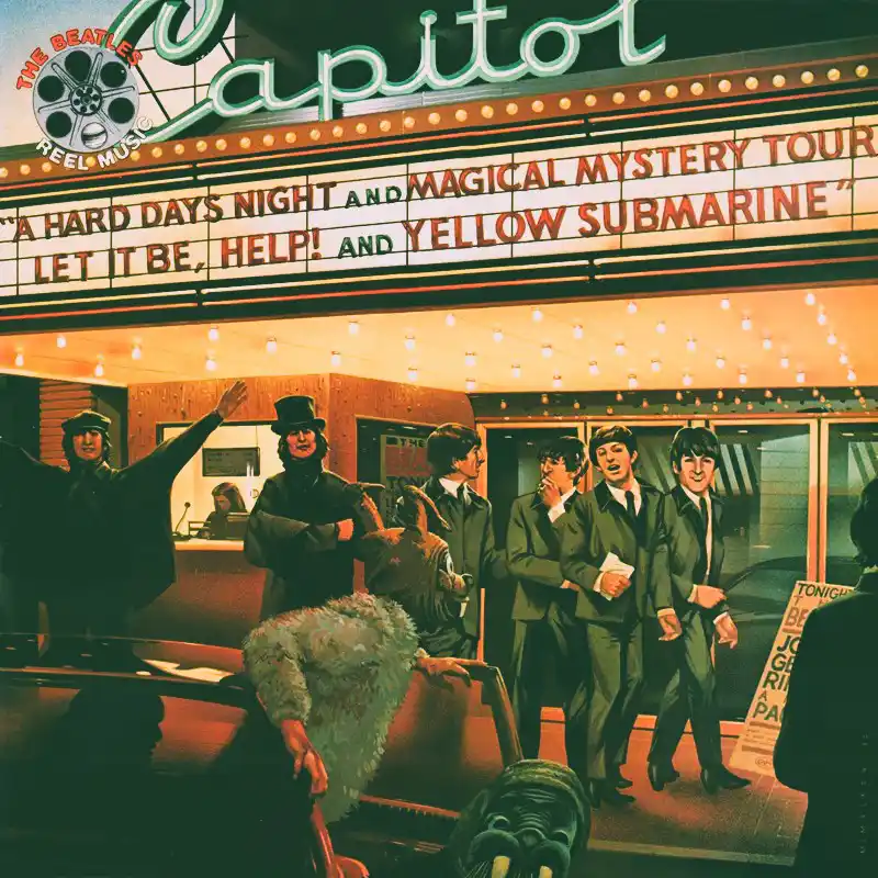 The Beatles Reel Music 1982 album cover with cinema marquee, Beatles film titles, and illustrated Beatles figures outside a theatre