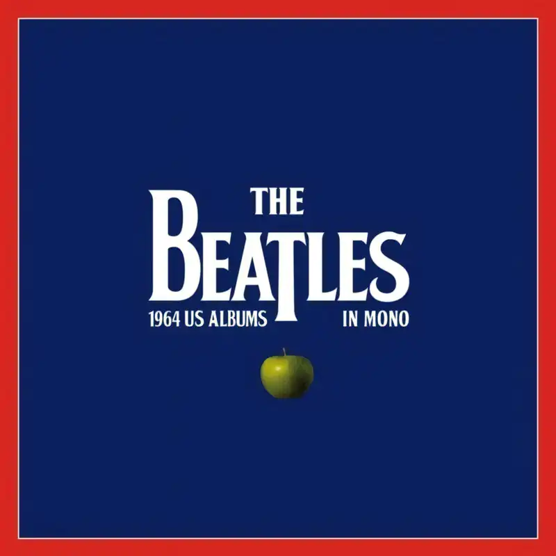 The Beatles: 1964 US Albums In Mono 2024 box set cover with blue background, red border, white Beatles logo, and green apple.