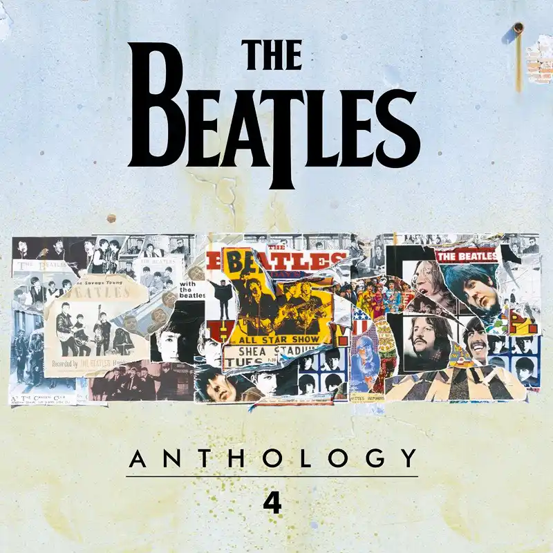 The Beatles Anthology 4 2025 album cover with pale background, black Beatles logo, collage strip, and Anthology 4 title.